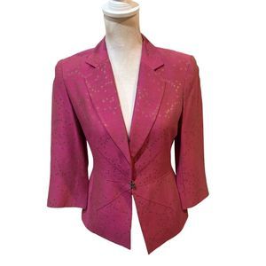 Vintage 1990’s Zion barbie pink print fitted lined blazer floral metal button 2